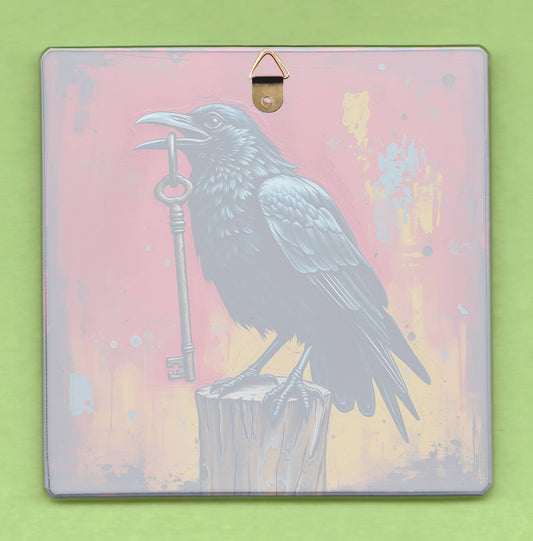 Raven with Key 10cm Glass picture panel with hook