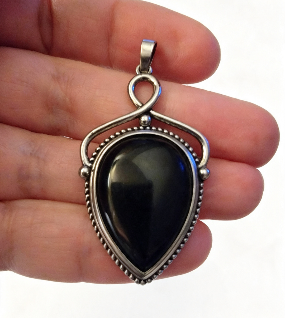 OBSIDIAN Silver plated Pendant free stainless steel chain