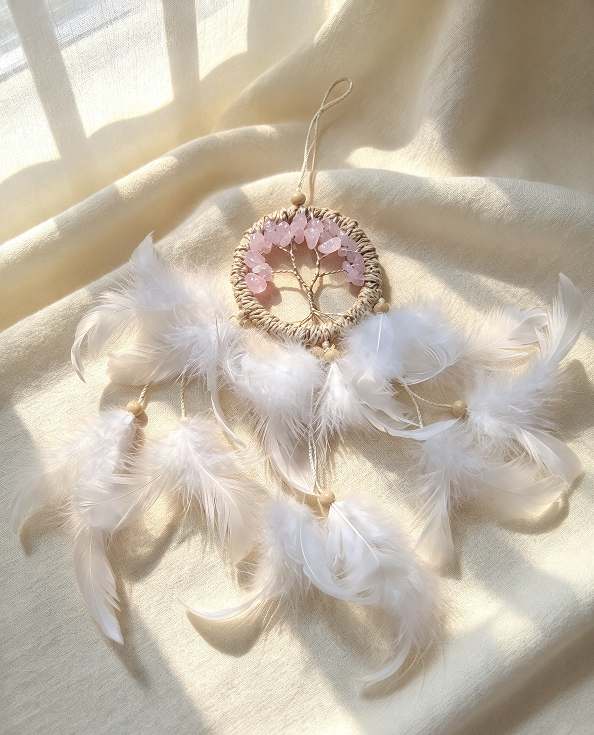 Small tree of life rose quartz dreamcatcher