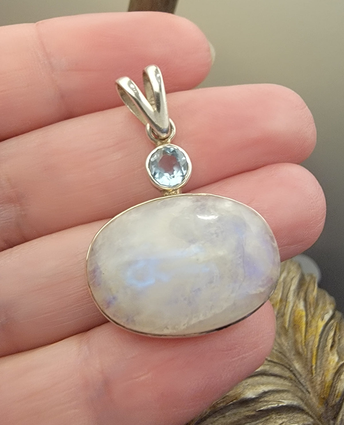 925 Sterling Silver Pendant .. Rainbow Moonstone and Blue Topaz Set In 925 Sterling Silver 3.5cm by 2.5cm.