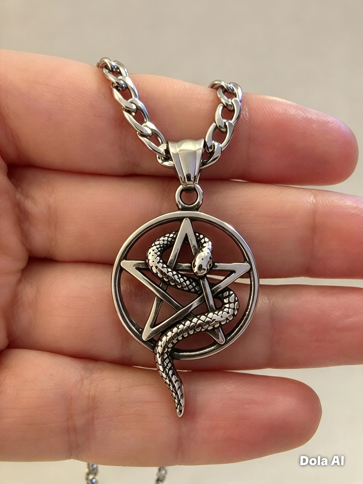 STAINLESS STEEL PENTAGRAM WITH SNAKE PENDANT FREE STAINLESS STEEL CHAIN.