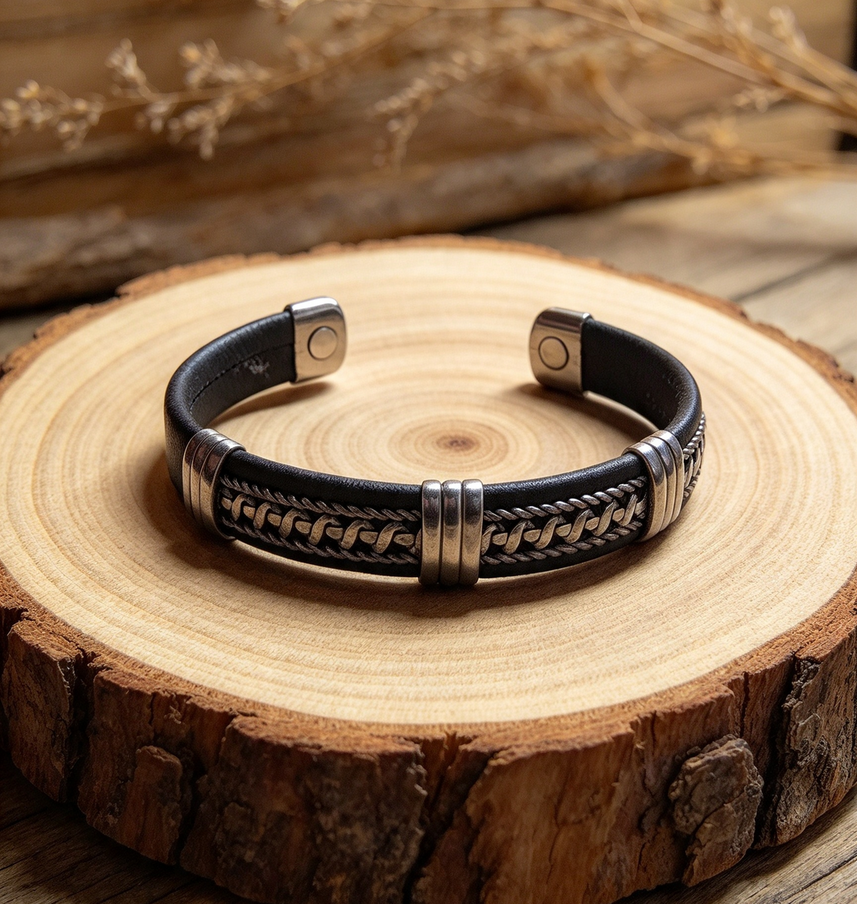 MAGNETIC LEATHER & ALLOY CUFF BRACELET