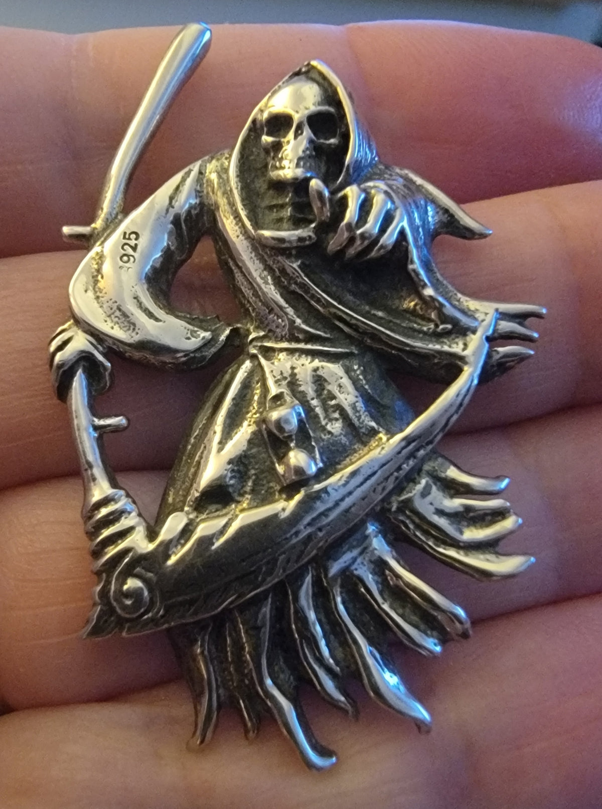 925 Sterling Silver Pendant .Grim Reaper,Death Caller, 5cm by 3.3cm