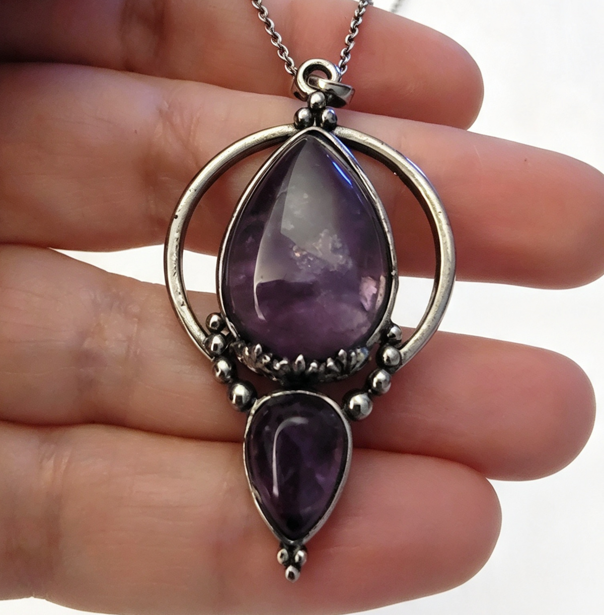 AMETHYST Silver plated Pendant free stainless steel chain.