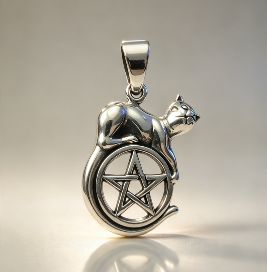 925 Sterling Silver Pendant...Cat & Pentagram 3.1cm by 1.8cm.