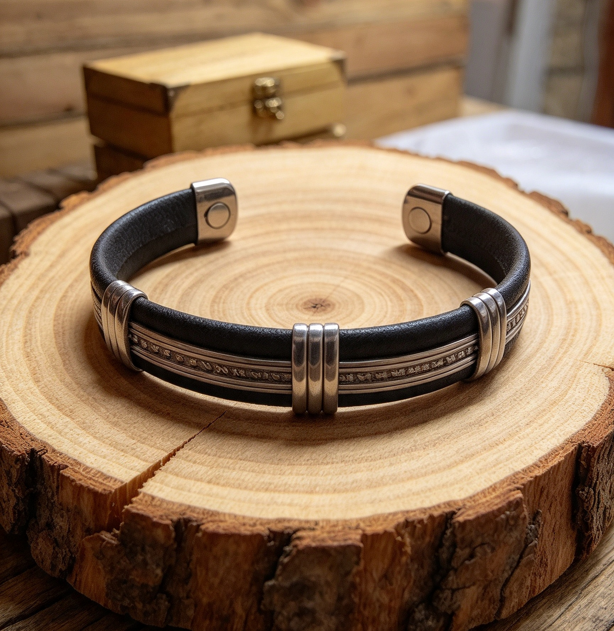 MAGNETIC LEATHER & ALLOY CUFF BRACELET