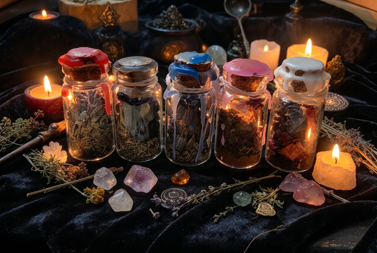 Set of 5 spell jars ..Depression..Anxiety..home- protection..motivation.. Handmade π€