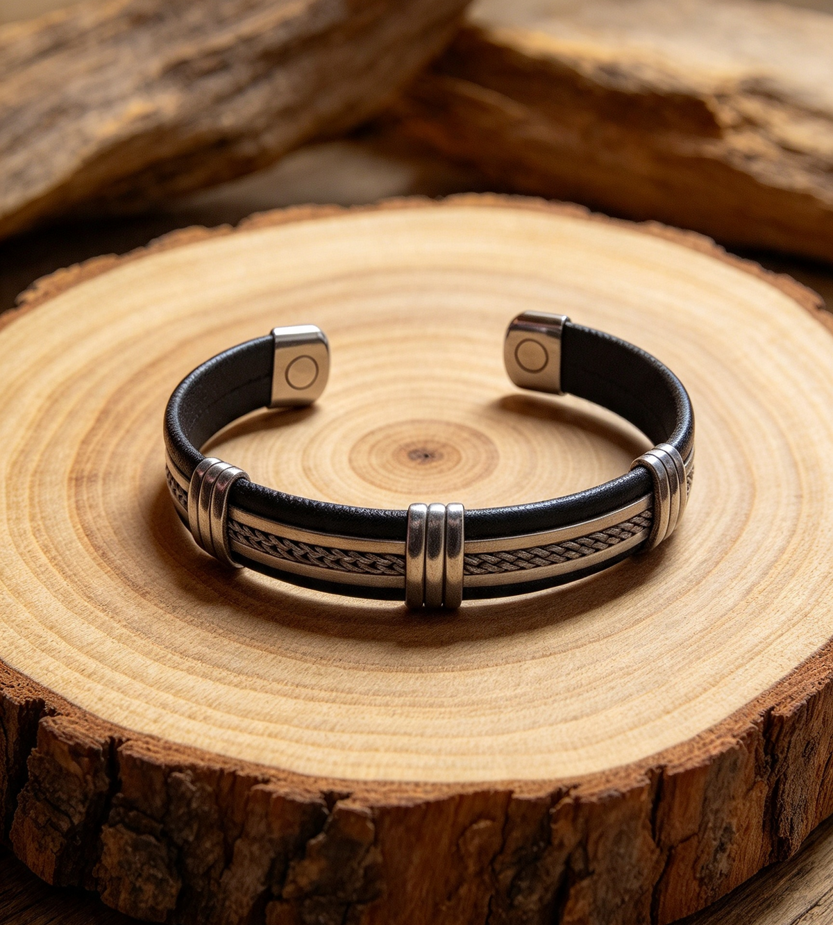 MAGNETIC LEATHER & ALLOY CUFF BRACELET
