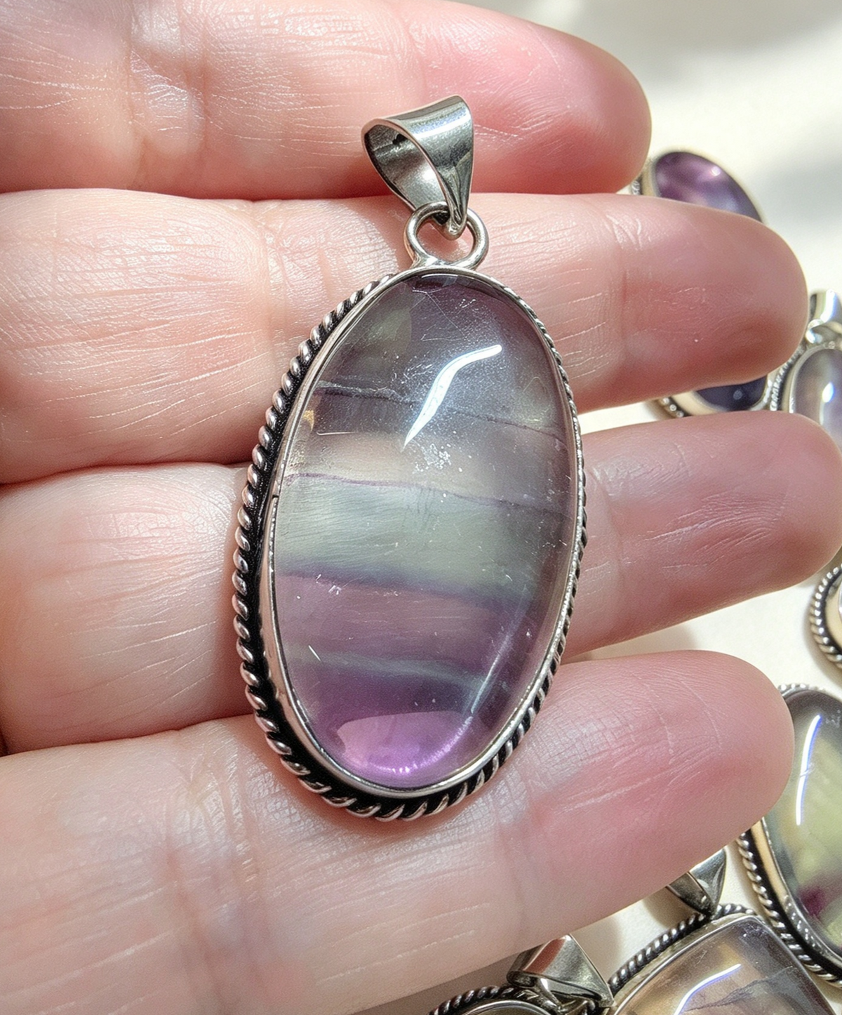 NATURAL FLUORITE PENDANT Silver plated. Free stainless steel chain. Random Pendant sent.