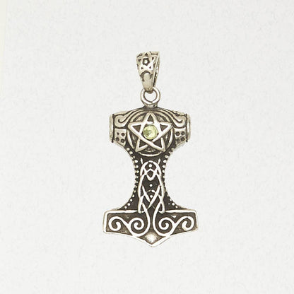 Norse Pewter Pendant Necklace - MJOLNIR with Cabochon .comes on a black cord