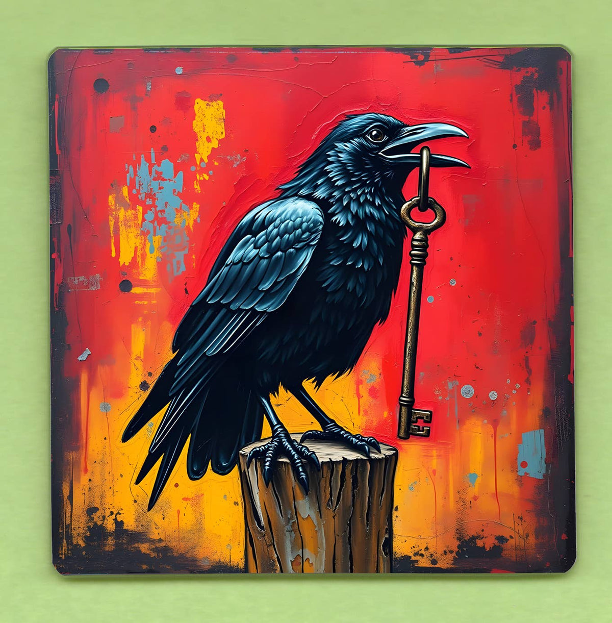 Raven with Key 10cm Glass picture panel with hook