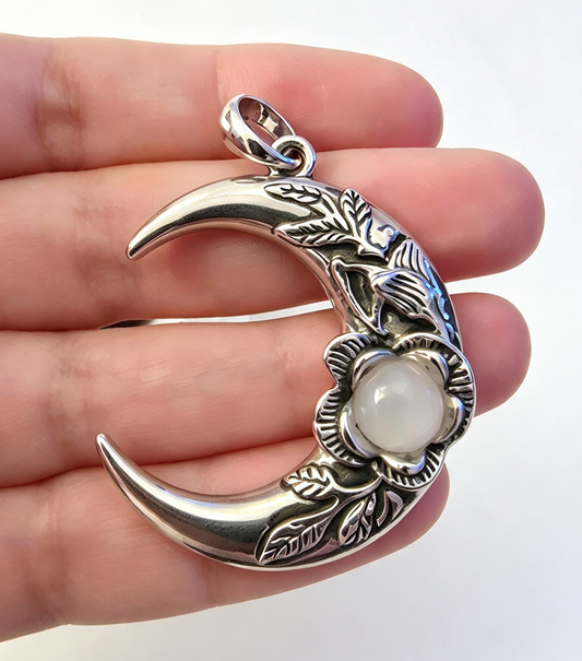 Moon QUARTZ silver plated Pendant free stainless steel chain