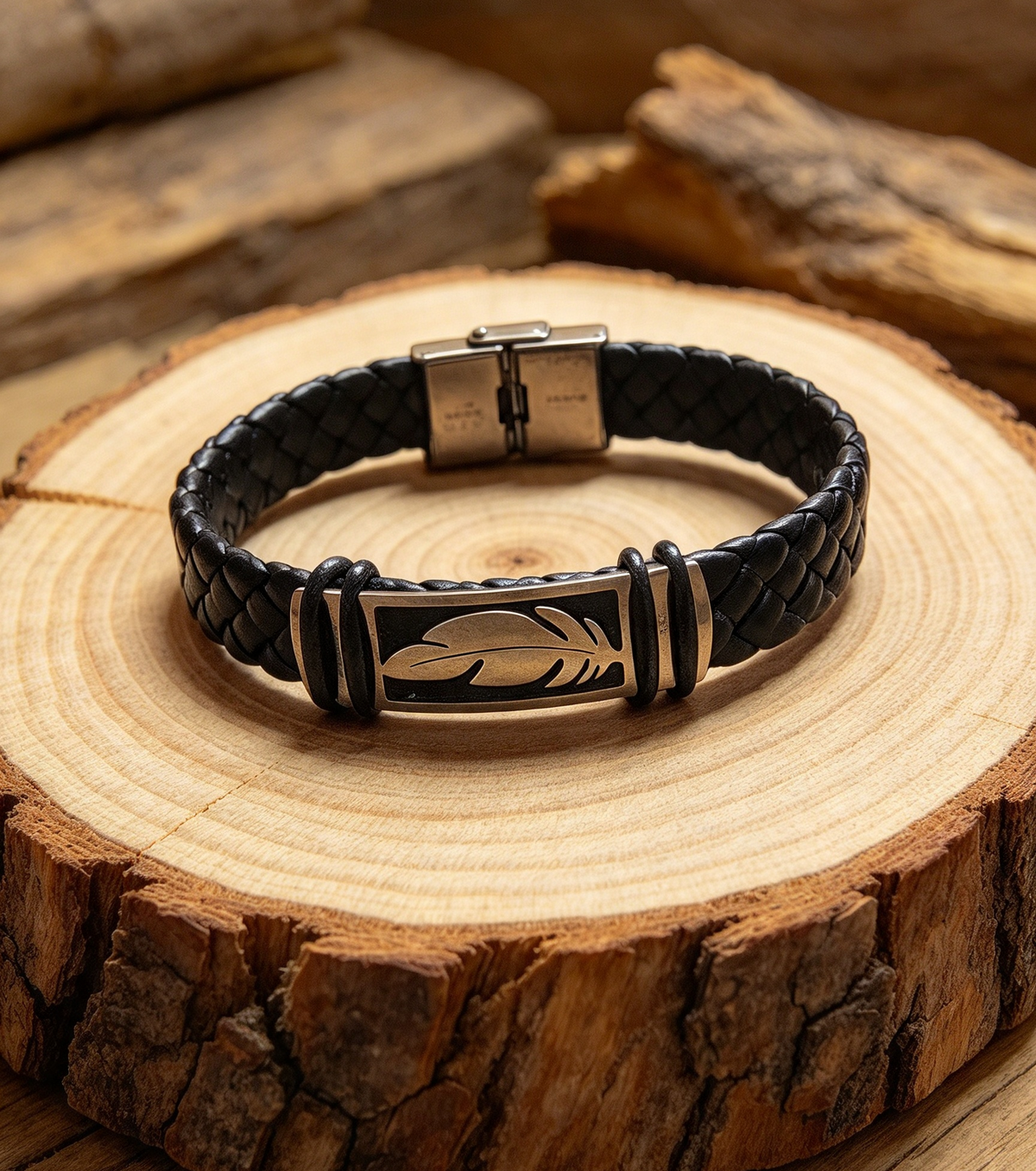 QUALITY STAINLESS STEEL & LEATHER FEATHER BRACELET