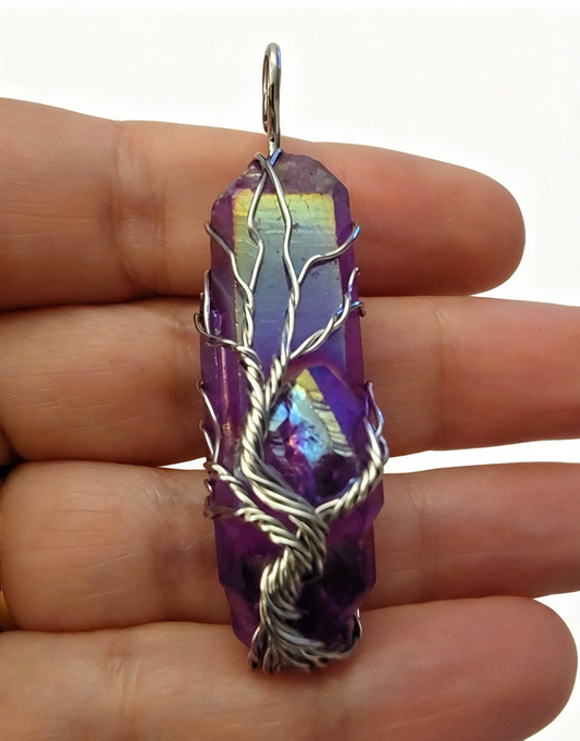 BLACKBERRY AURA QUARTZ Wire wrapped Pendant free stainless steel chain.