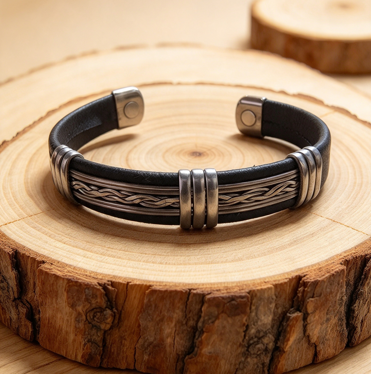 MAGNETIC LEATHER & ALLOY CUFF BRACELET