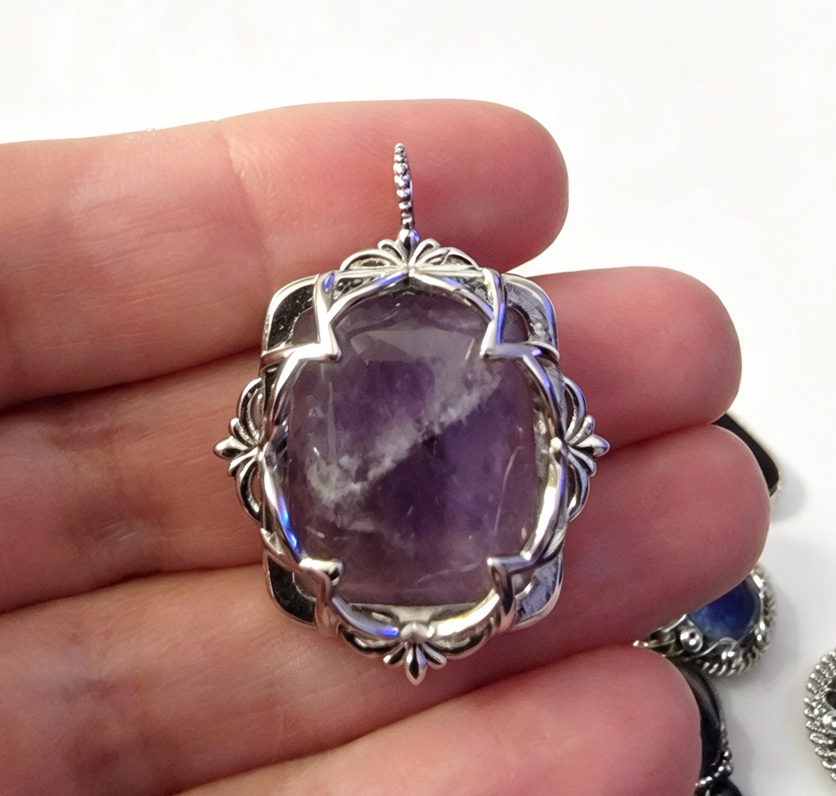 AMETHYST Silver plated Pendant free stainless steel chain