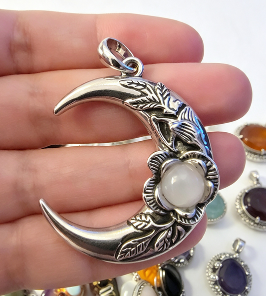 Moon ROSE QUARTZ silver plated Pendant free stainless steel chain