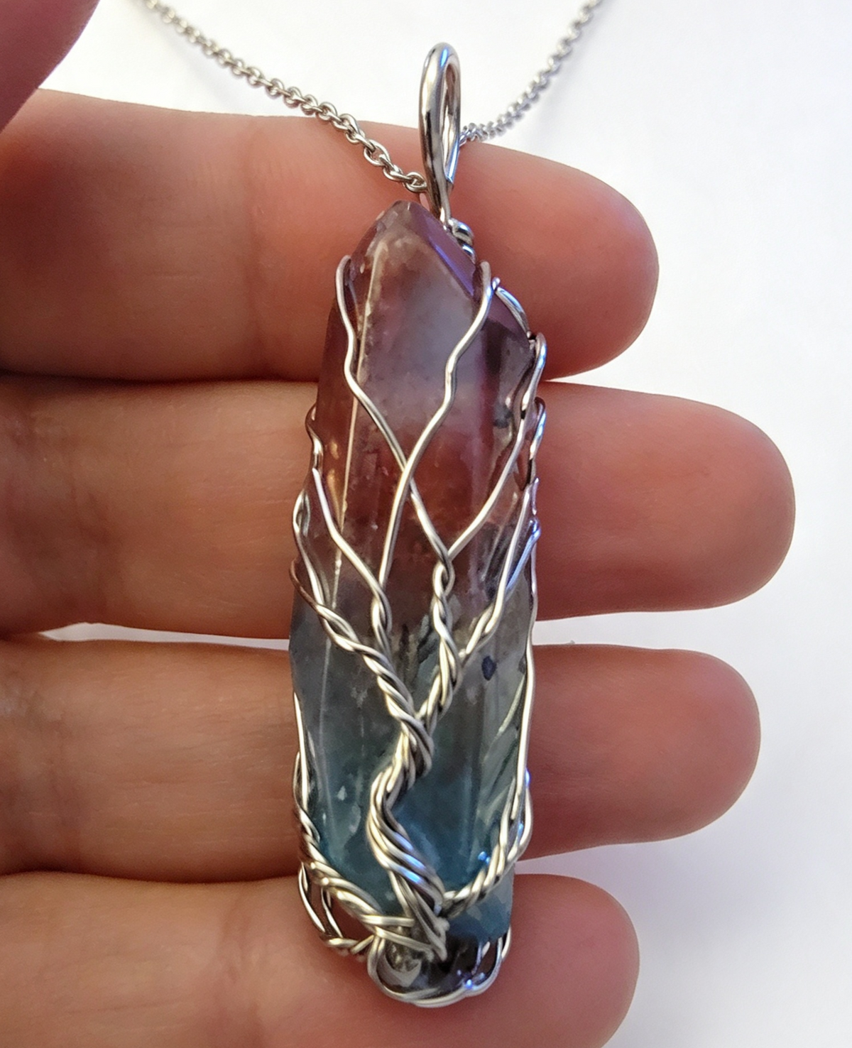 RAINBOW QUARTZ Silver plated Pendant free stainless steel chain.
