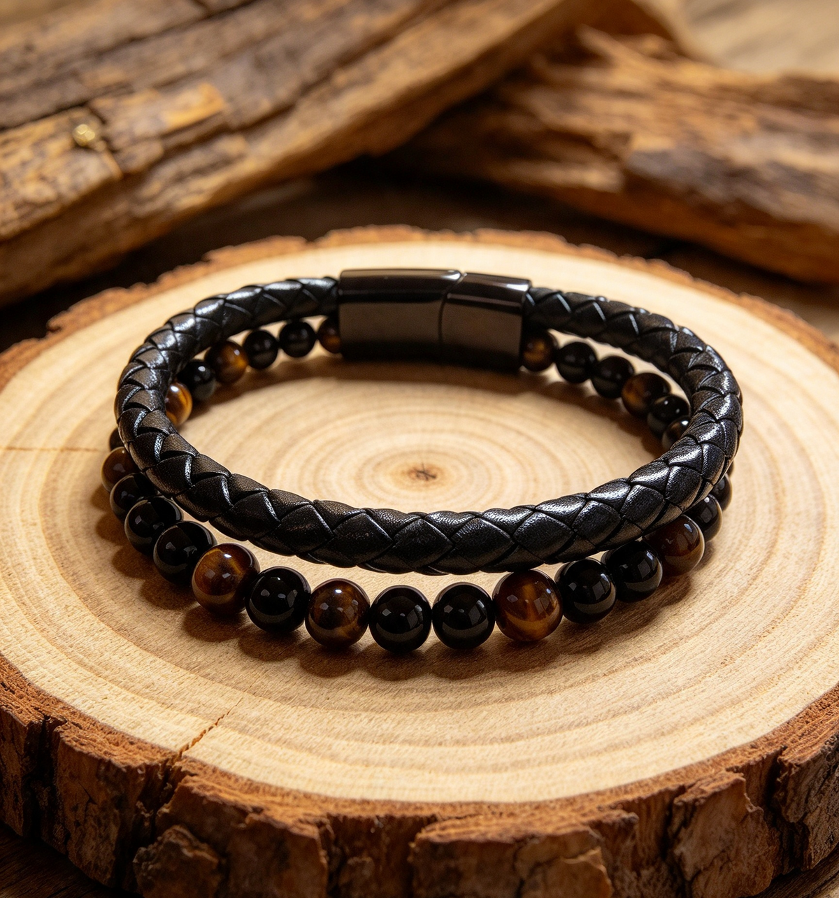 QUALITY STAINLESS STEEL & LEATHER,TIGERS EYE, PROTECTION BRACELET.