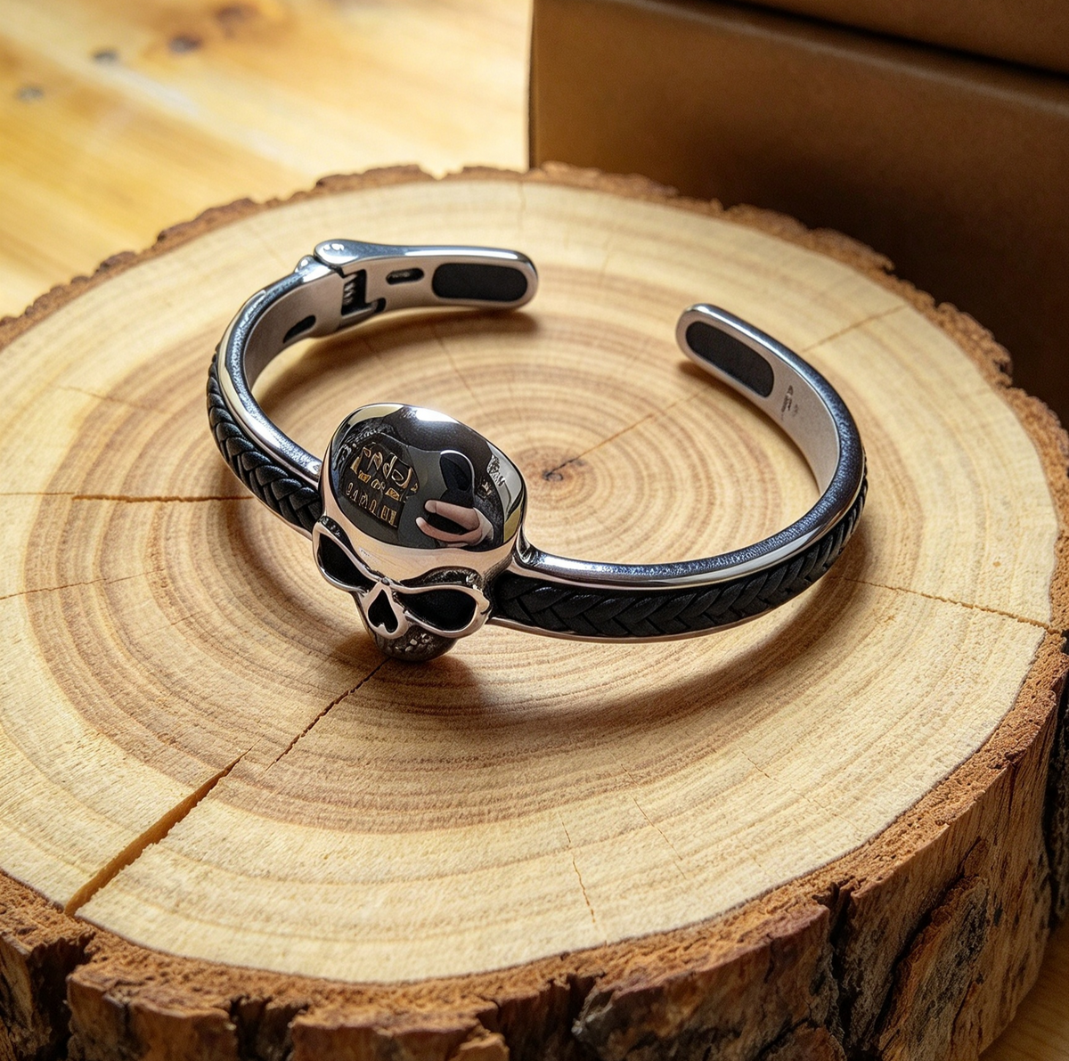 STAINLESS STEEL & LEATHER SKULL CUFF BRACELET