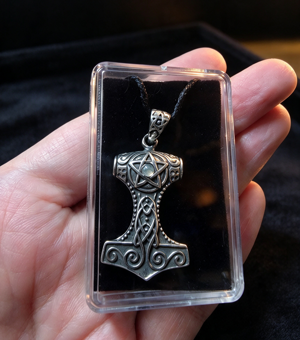 Norse Pewter Pendant Necklace - MJOLNIR with Cabochon .comes on a black cord