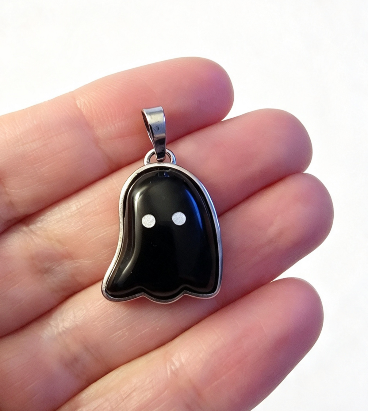 OBSIDIAN cute little ghost silver plated free stainless steel chain