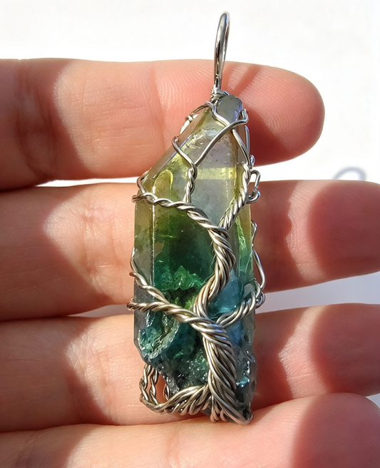 LEMON & LIME AURA QUARTZ  Wire wrapped Pendant free stainless steel chain.