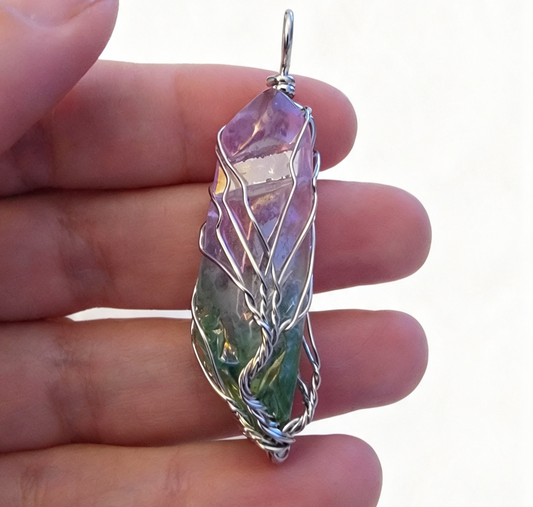 RAINBOW QUARTZ Wire wrapped Pendant free stainless steel chain.