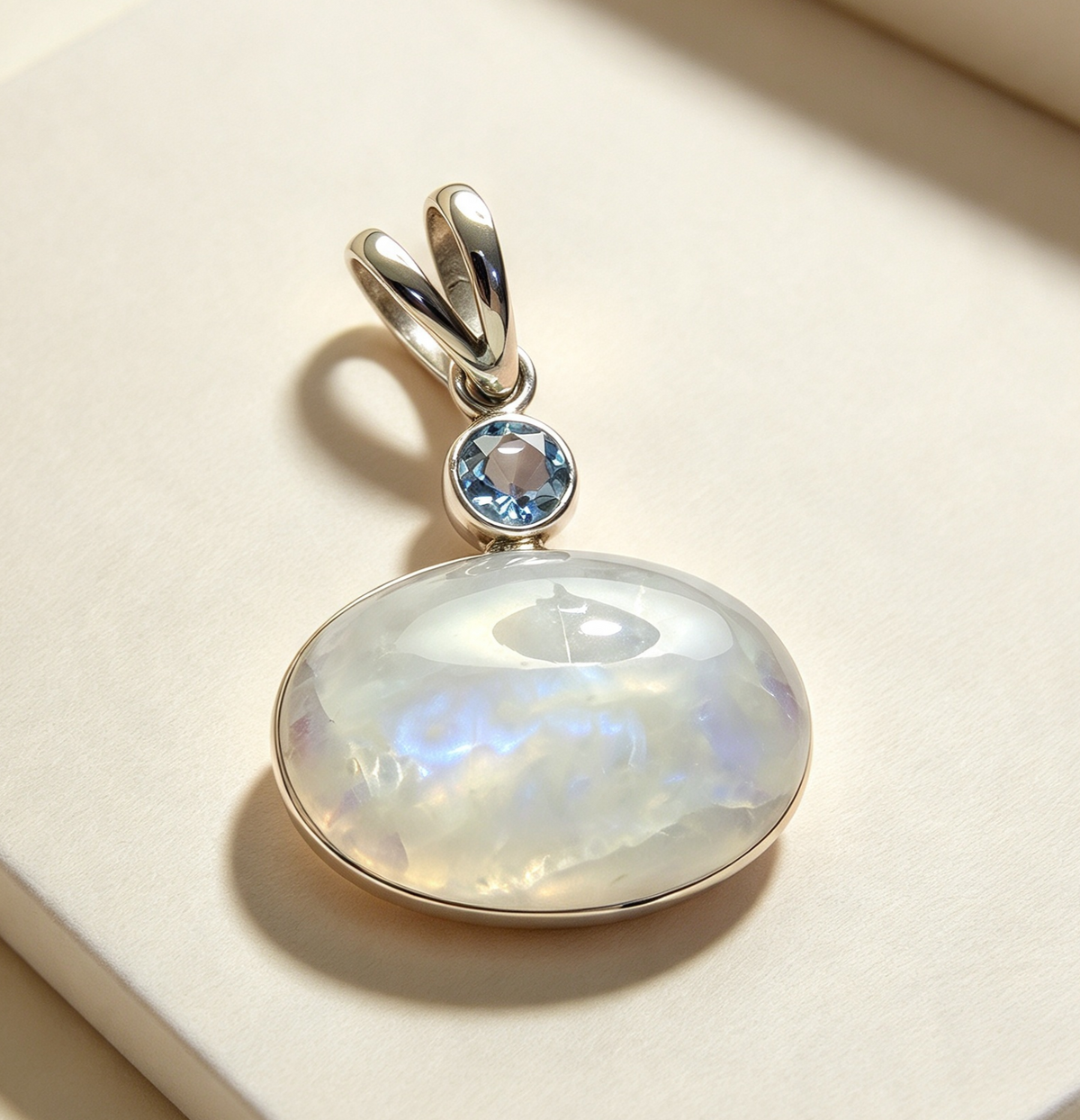925 Sterling Silver Pendant .. Rainbow Moonstone and Blue Topaz Set In 925 Sterling Silver 3.5cm by 2.5cm.