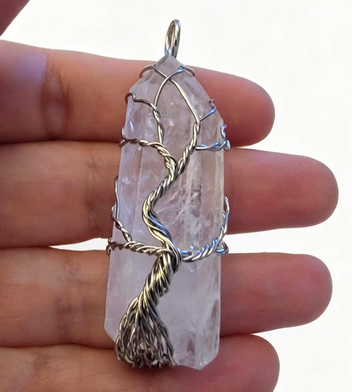 QUARTZ wire wrapped large Pendant Free stainless steel chain.