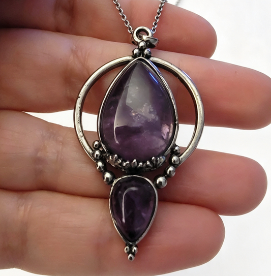 AMETHYST Silver plated Pendant free stainless steel chain.