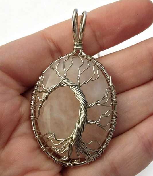 ROSE QUARTZ Wire wrapped large Pendant free stainless steel chain.