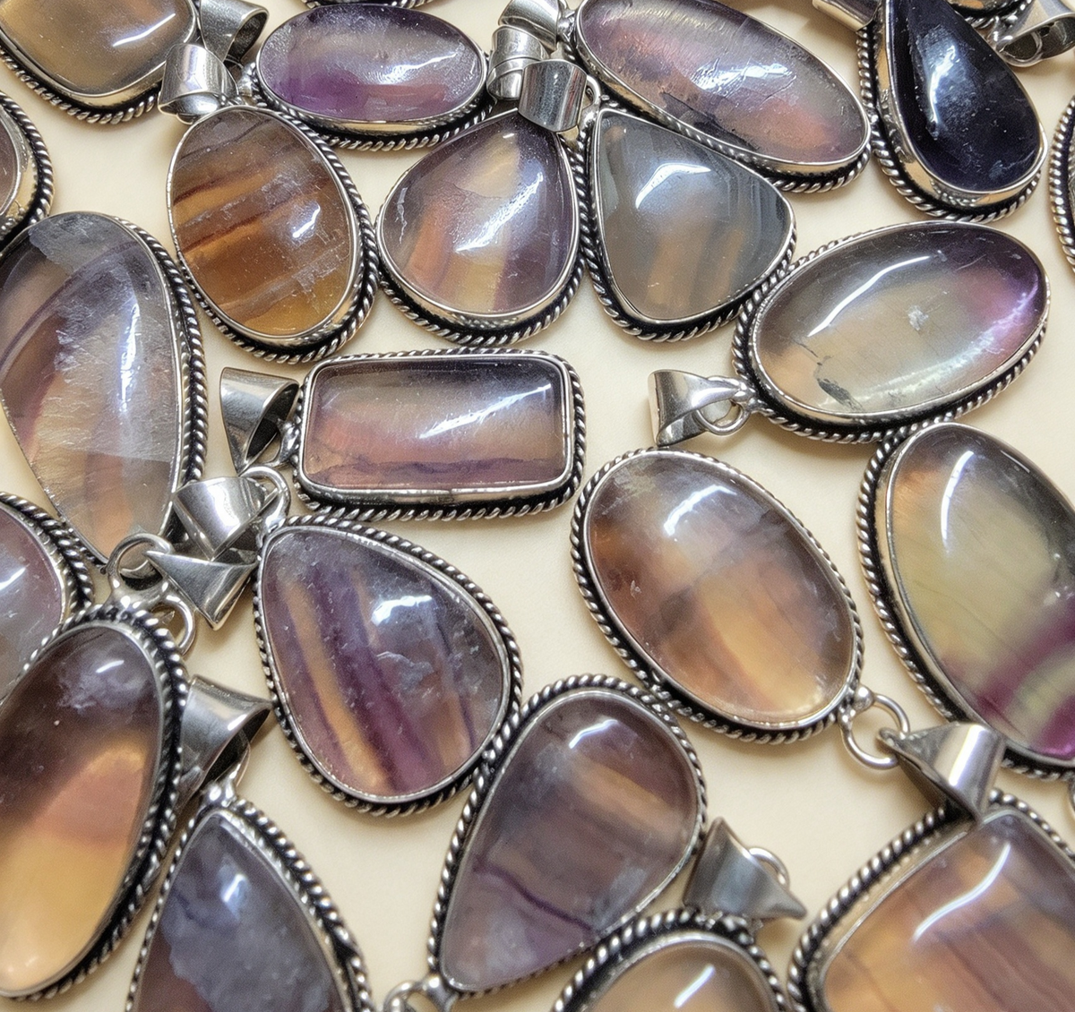 NATURAL FLUORITE PENDANT Silver plated. Free stainless steel chain. Random Pendant sent.