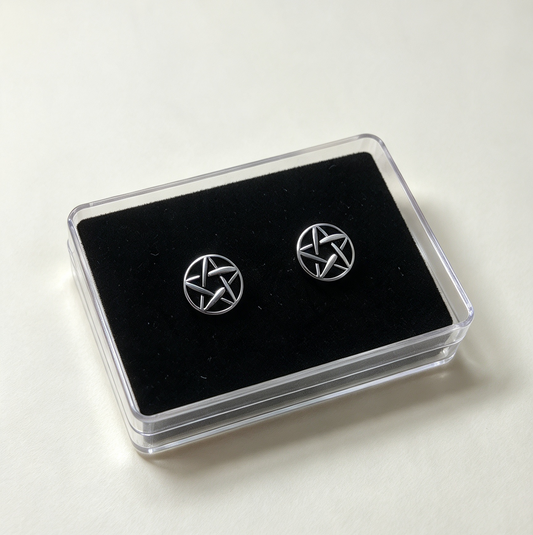 STAINLESS STEEL PENTAGRAM EARRINGS. FLAT SCREW ON BACKS