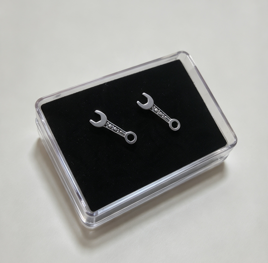 STAINLESS STEEL SPANNER EARRINGS. FLAT SCREW ON BACKS