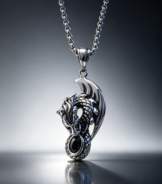 STAINLESS STEEL DRAGON PENDANT WITH OBSIDIAN FREE STAINLESS STEEL CHAIN.