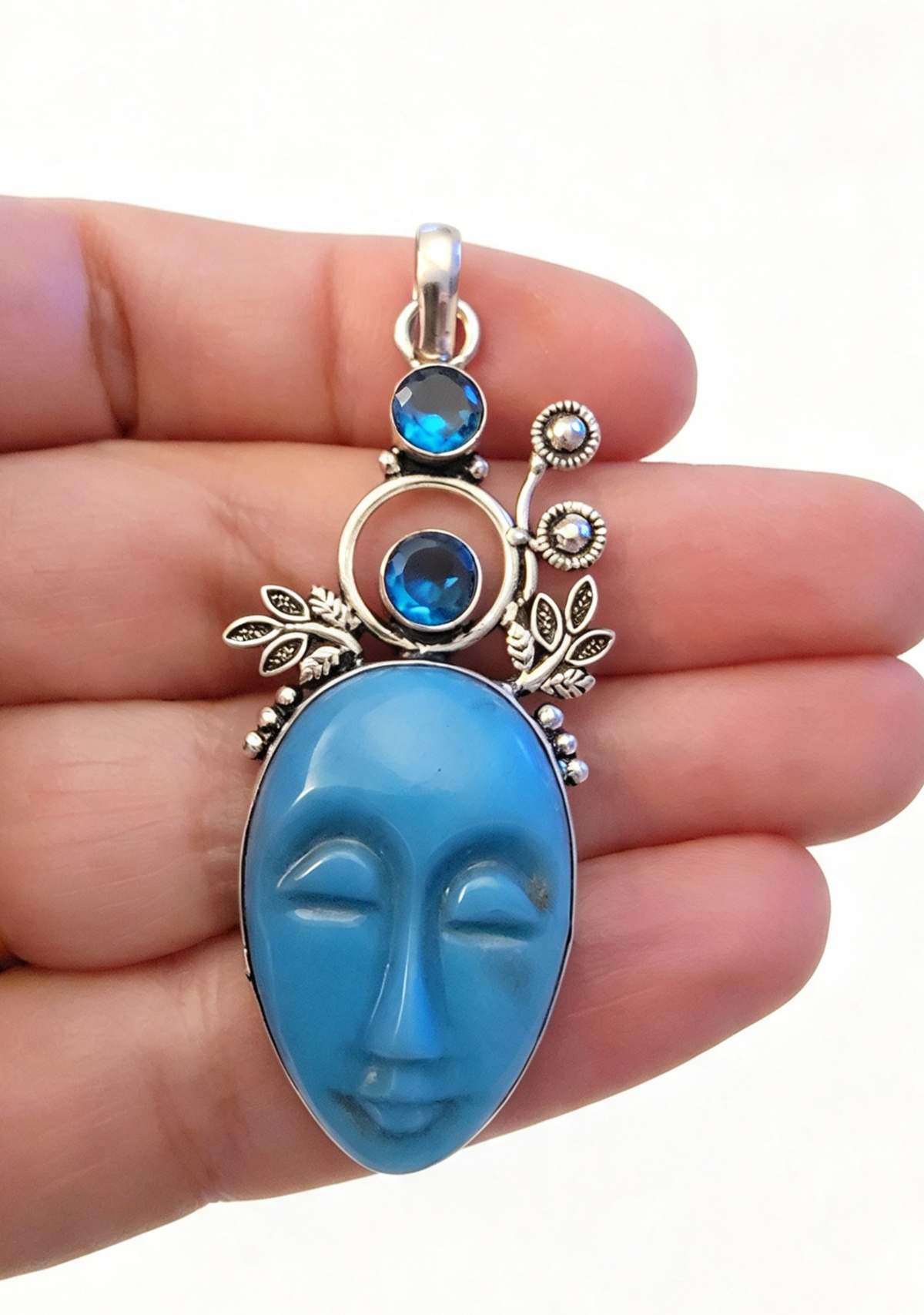 BLUE TOPAZ Silver plated Pendant free stainless steel chain.