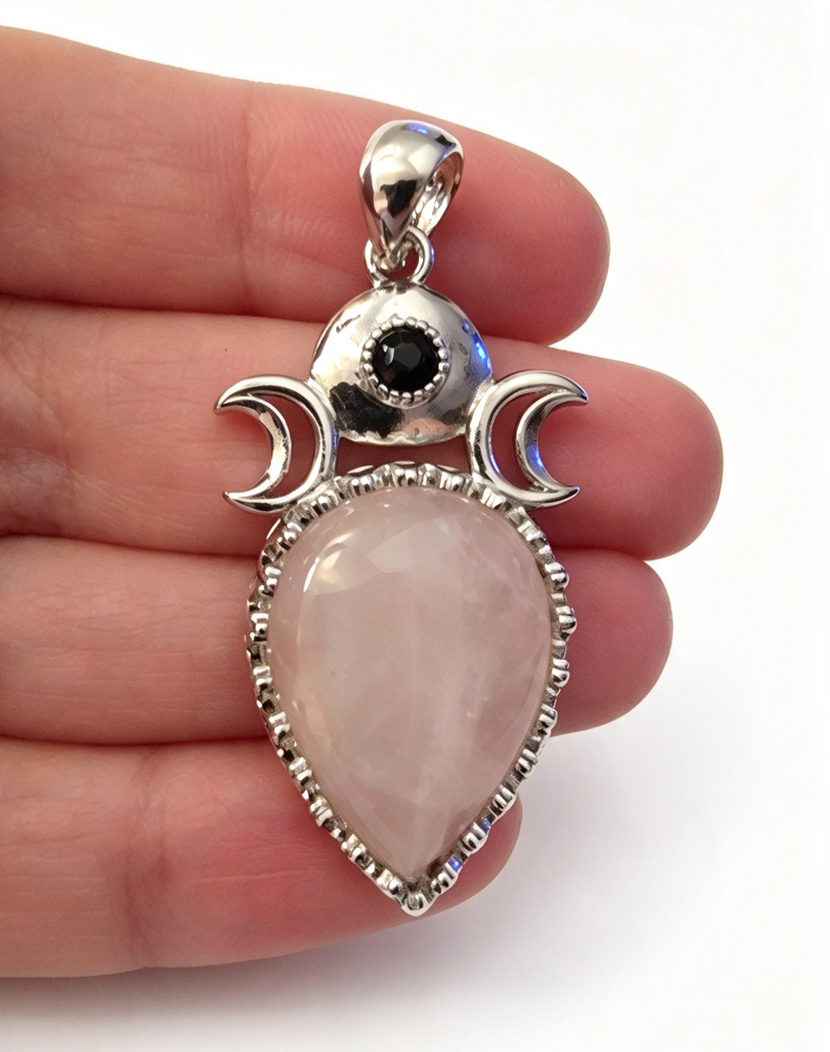 ROSE QUARTZ Silver plated Pendant free stainless steel chain