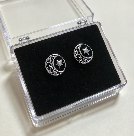STAINLESS STEEL MOON & STAR EARRINGS. FLAT SCREW ON BECK