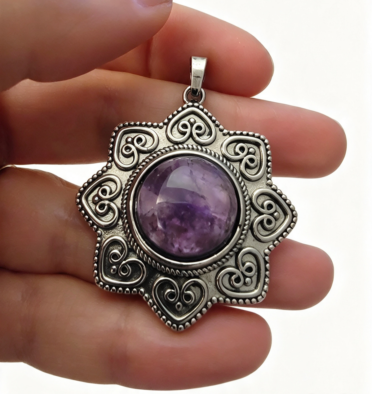 AMETHYST Silver plated Pendant free stainless steel chain.