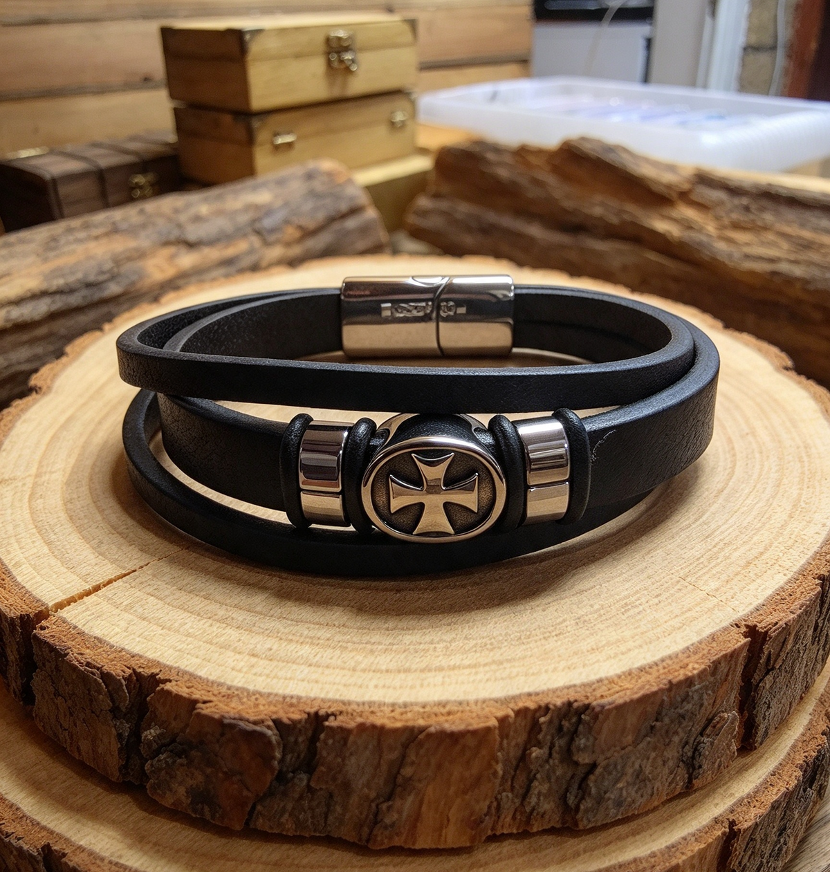 QUALITY STAINLESS STEEL AND LEATHER BRACELET