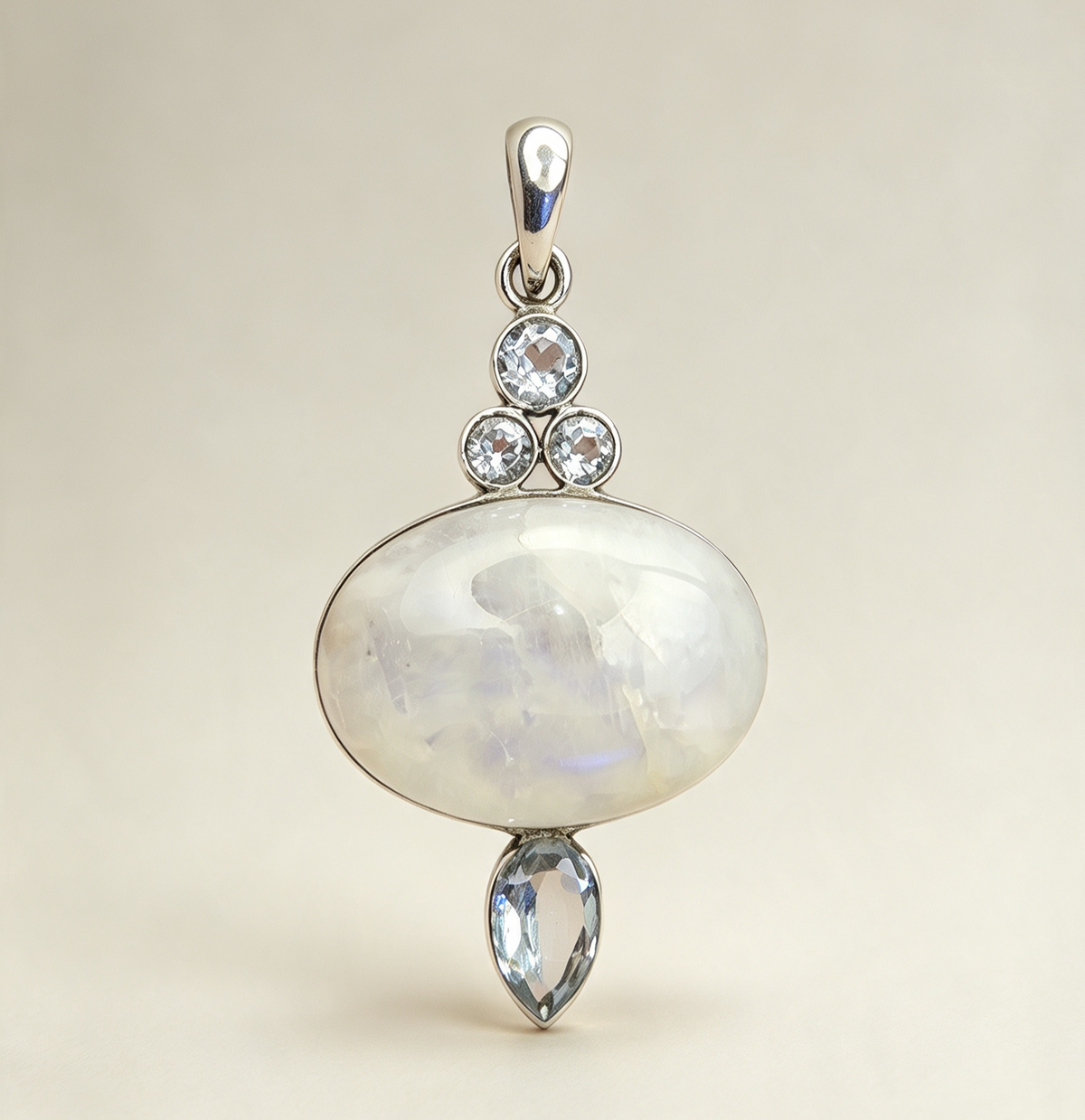 925 Sterling Silver Pendant.. Rainbow Moonstone And Topaz Set In 925 Sterling Silver 5cm by 2.5cm