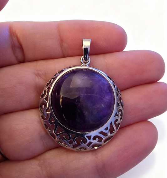 AMETHYST Silver plated Pendant free stainless steel chain.