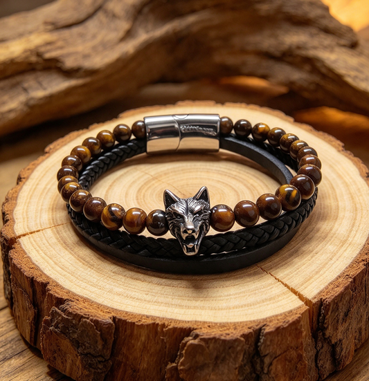 QUALITY TIGERS EYE, WOLF, PROTECTION BRACELET. STAINLESS STEEL & LEATHER