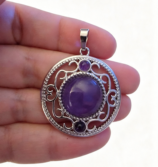 AMETHYST Silver plated Pendant free stainless steel chain.