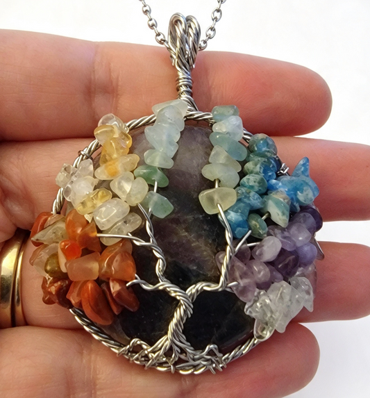 CHAKRA TREE ON AMETHYST WIRE WRAPPED PENDANT Free stainless steel chain. Very large