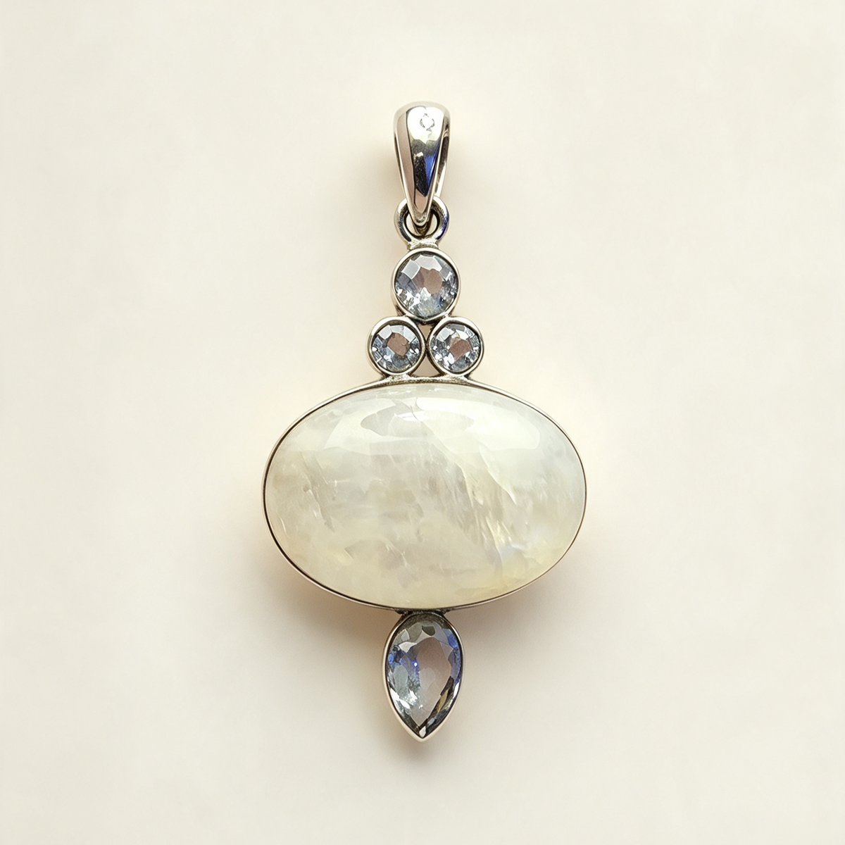 925 Sterling Silver Pendant.. Rainbow Moonstone And Topaz Set In 925 Sterling Silver 5cm by 2.5cm