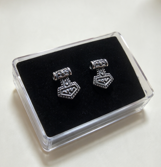 STAINLESS STEEL MJOLNIR EARRINGS. BUTTERFLY BACKS.