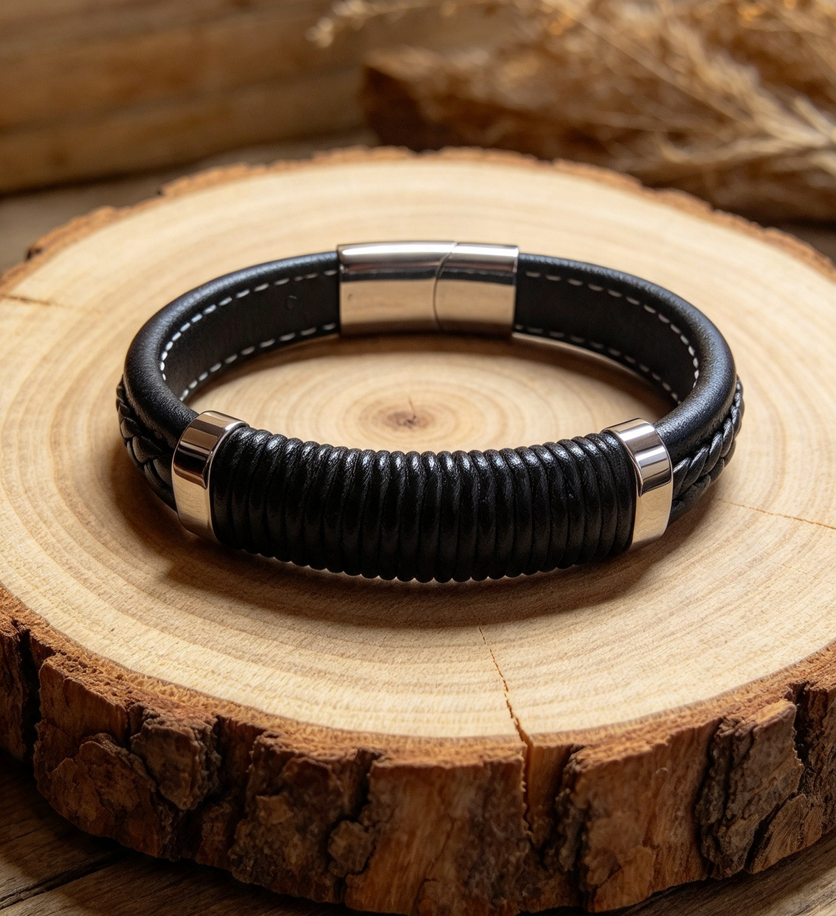 QUALITY STAINLESS STEEL & LEATHER BRACELET