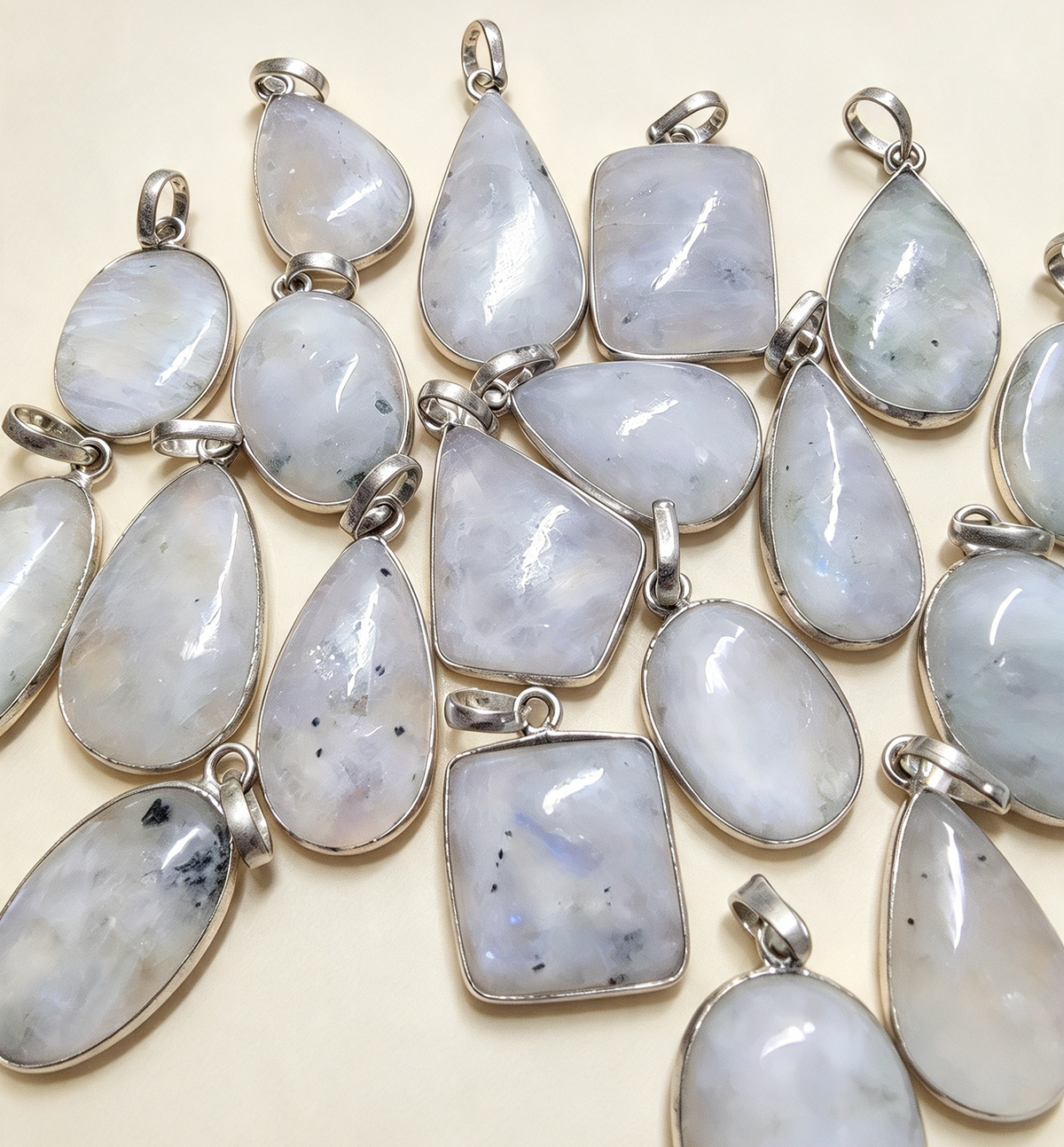 NATURAL RAINBOW MOONSTONE PENDANT Silver plated .Free stainless steel chain Random Pendant sent .